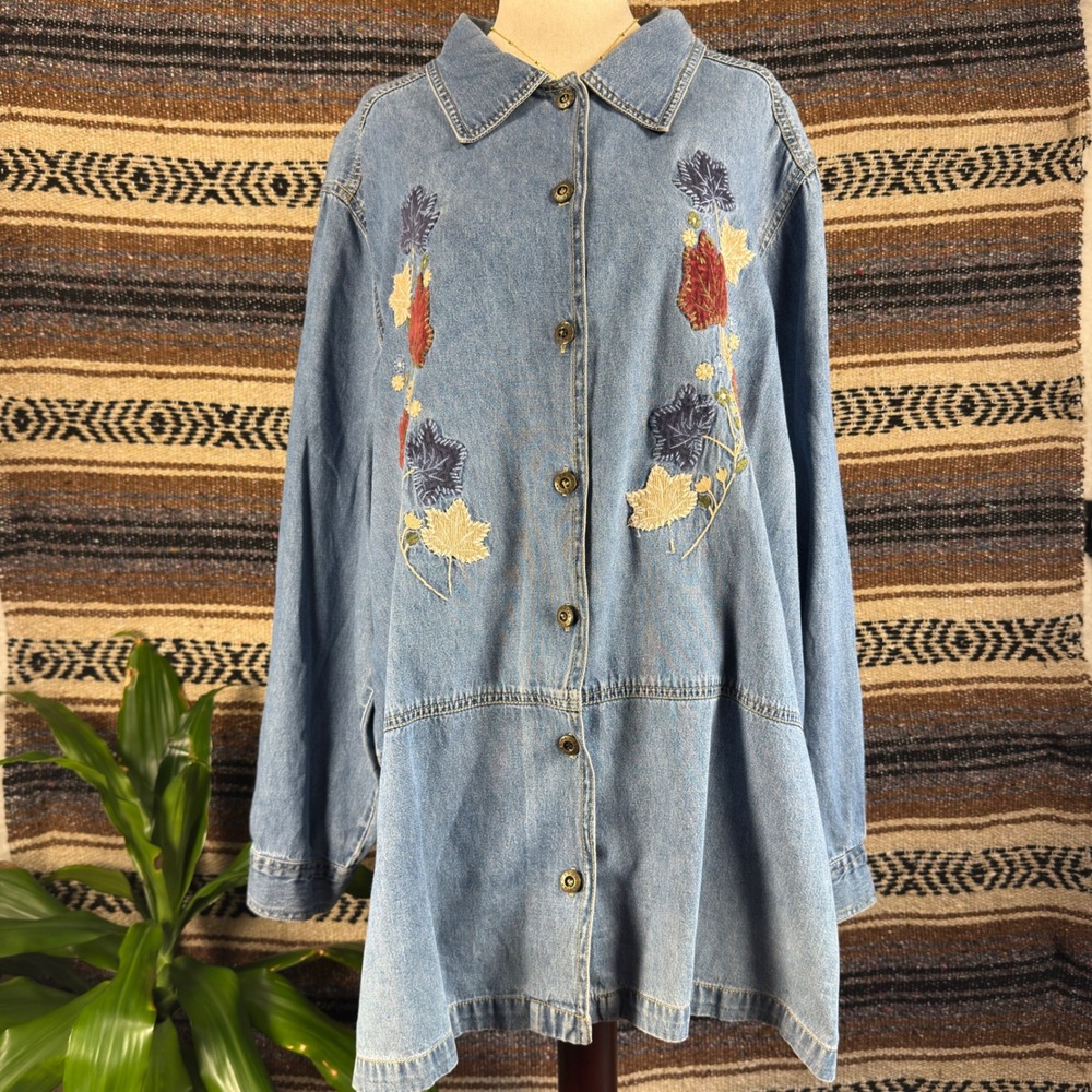 Erika II & Co Womens 2X Blue Denim Embroidered Leaf Button Down Shirt Autumnal